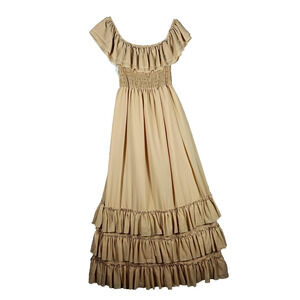 Alredine Maxi Dress Small Beige Boho Prairie Smocked Off Shoulder Flounce